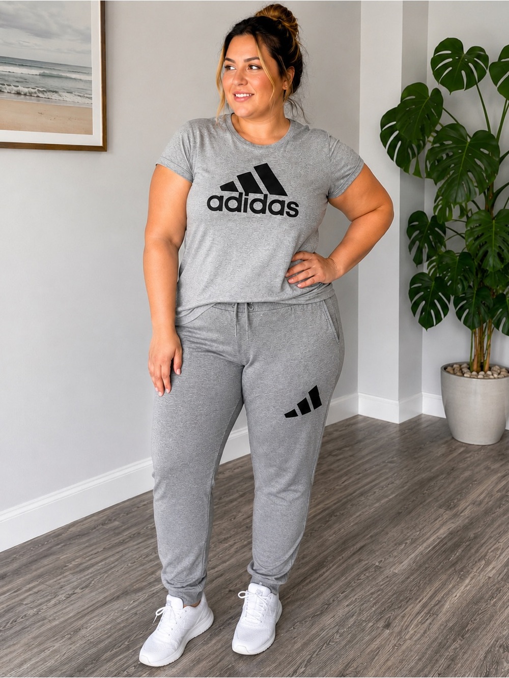 Adidas Women's Xl Gray Logo Jogger Pants with shirt outfit